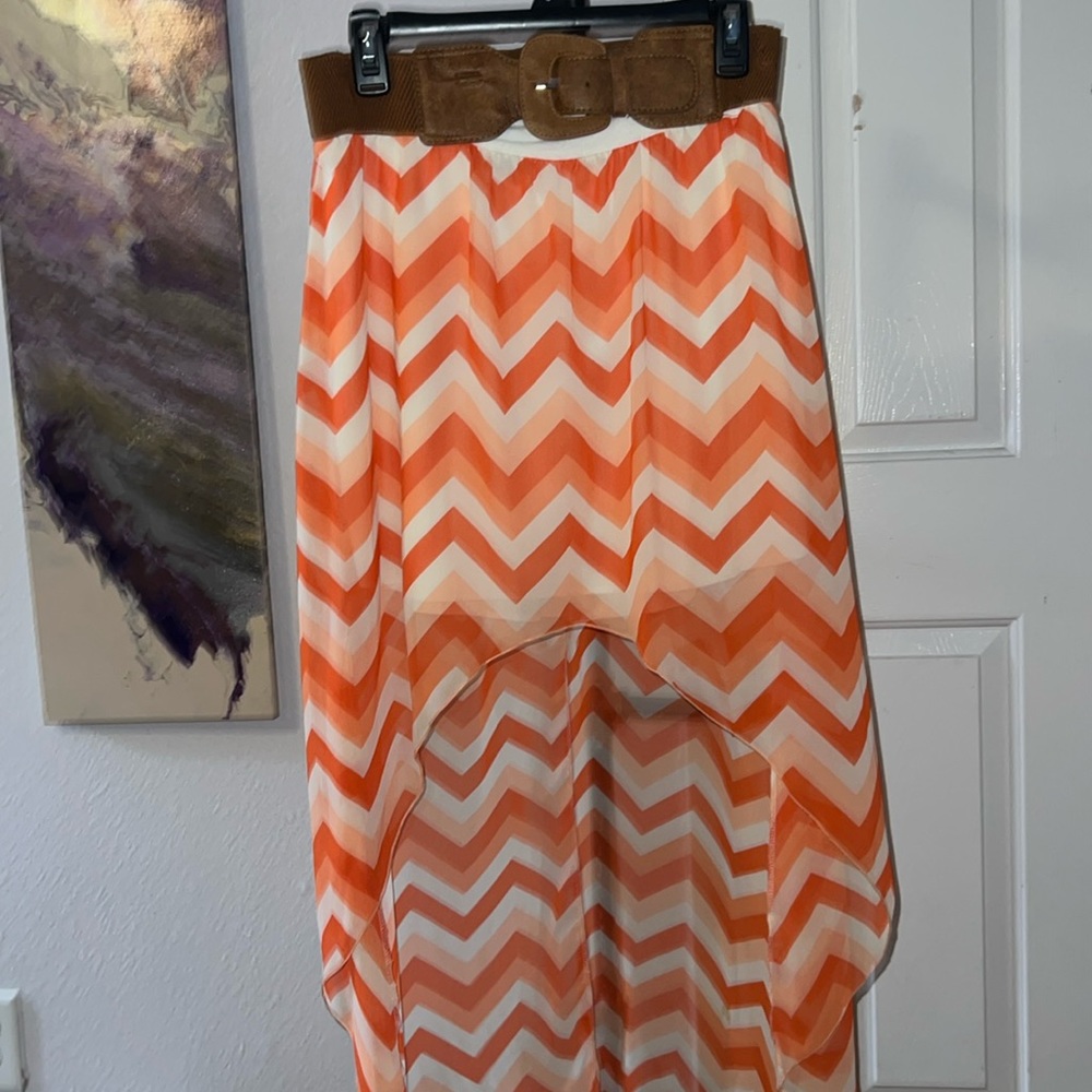 Striped high low skirt, sheer Rue21 size medium in orange and white brown belt